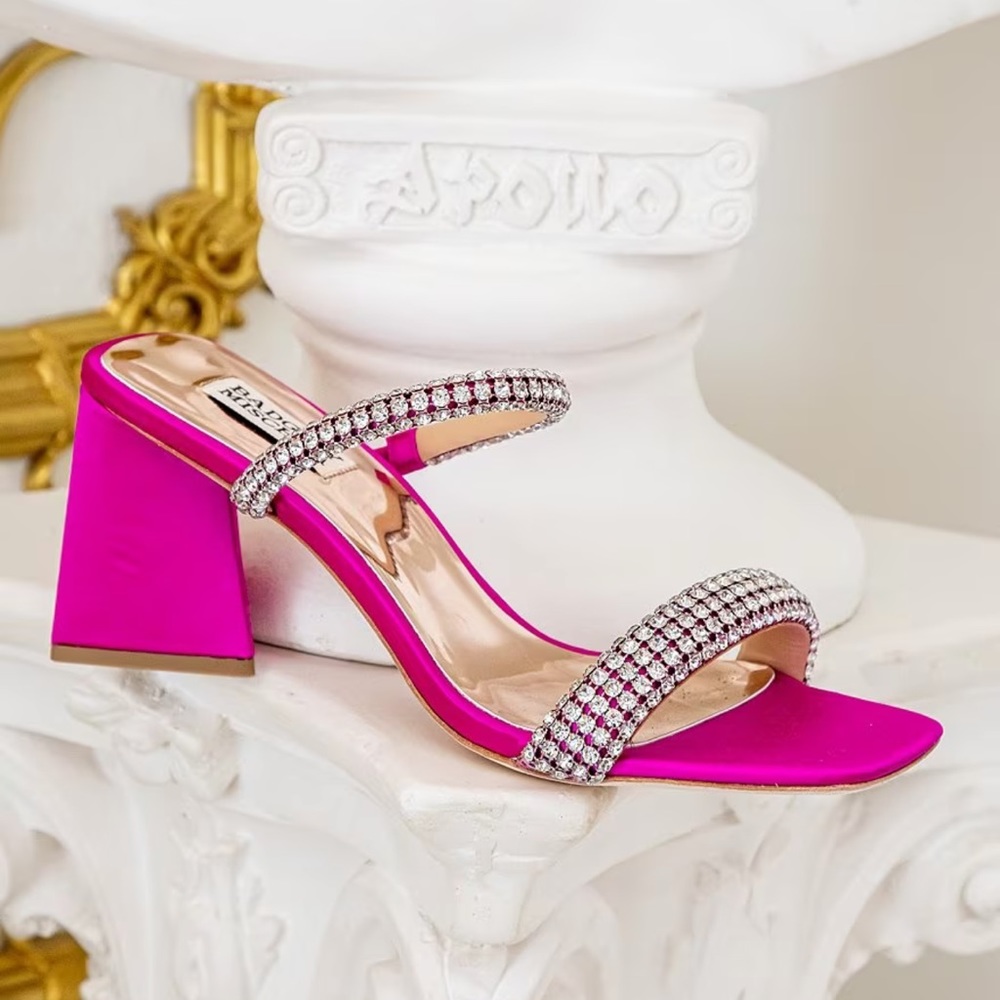New Frankie Satin Rhinestone Dress Slide Sandals color: fushsia